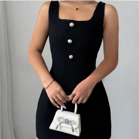 Black Sleeveless Tweed Dress with pleated hem.  Estimated Size S.  Brand new. - Picture 3 of 8